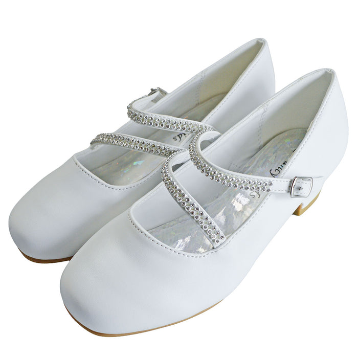 Kids Dress Shoes with Rhinestone Straps – White, Ivory & Black