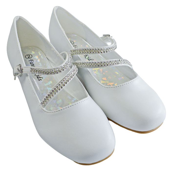 Kids Dress Shoes with Rhinestone Straps – White, Ivory & Black