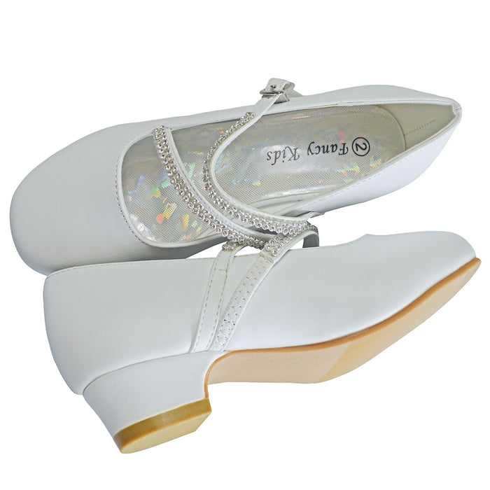 Kids Dress Shoes with Rhinestone Straps – White, Ivory & Black