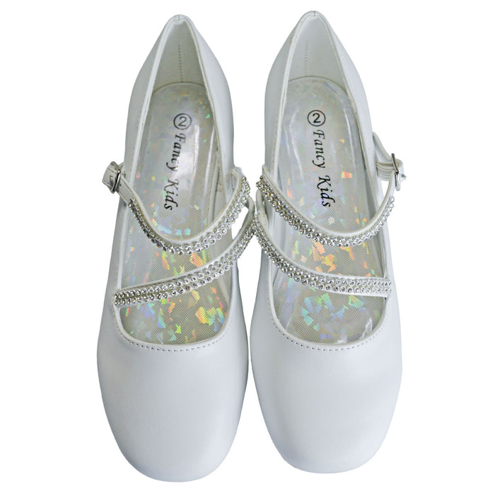 Kids Dress Shoes with Rhinestone Straps – White, Ivory & Black