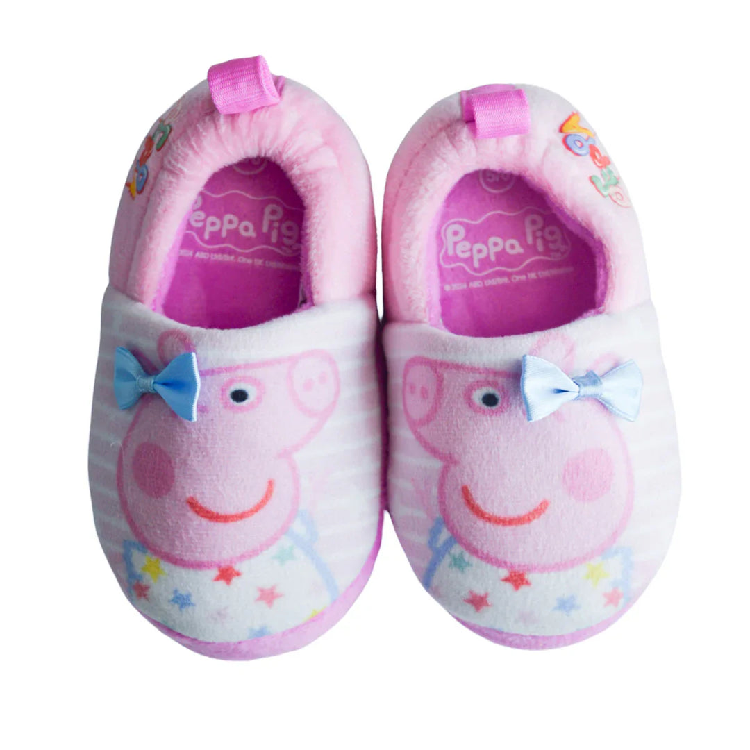 Kids Shoes - Peppa Pig Toddler Girls Plush Slippers – Pink Cozy Fleece Slippers with Non-Slip Sole & Satin Bows - (5T-12)