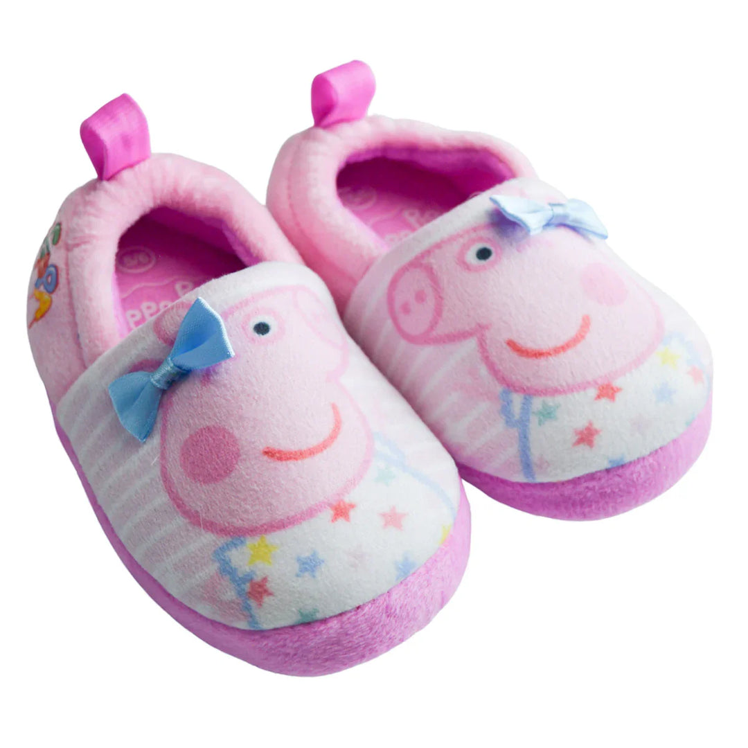 Kids Shoes - Peppa Pig Toddler Girls Plush Slippers – Pink Cozy Fleece Slippers with Non-Slip Sole & Satin Bows - (5T-12)