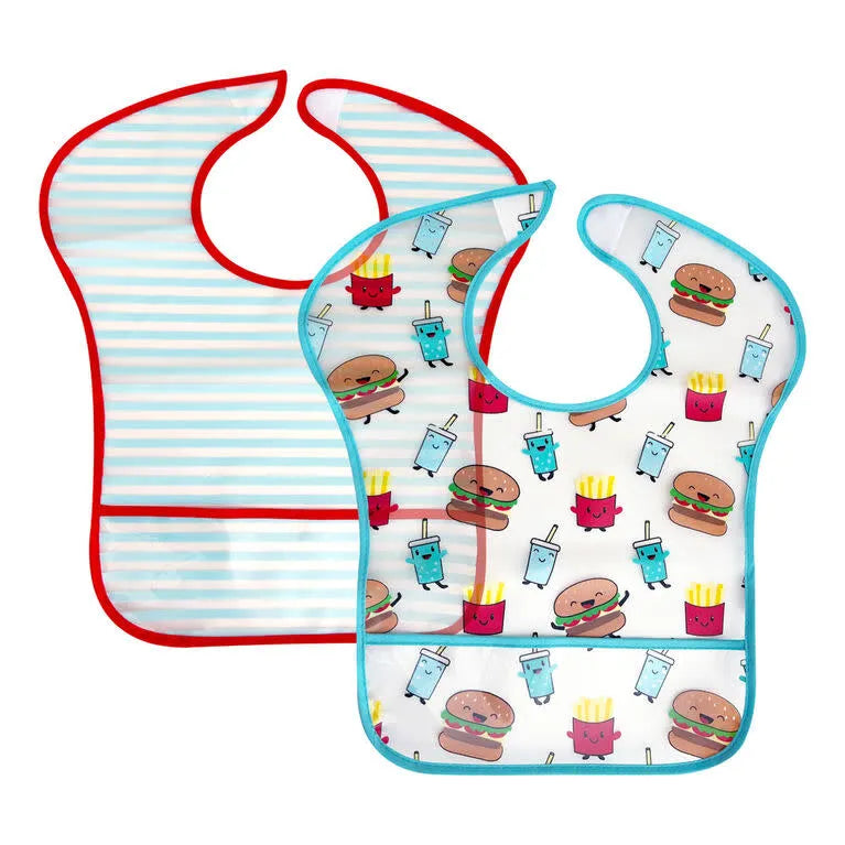 Two baby bibs, one with blue stripes and one with cartoon burger, fries, and drink pattern