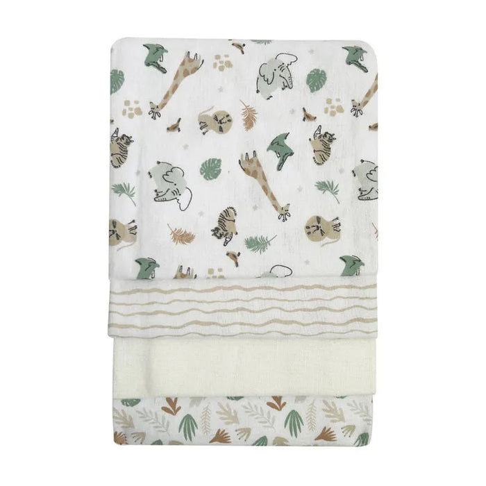Koala Baby 4 Pack Flannel Receiving Blanket set with safari animal and leaf patterns, stacked neatly.