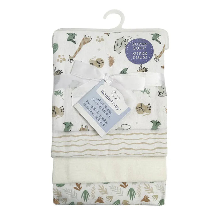 Koala Baby 4-pack flannel receiving blankets with safari animal and nature prints, folded and tied with a ribbon.