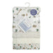 Koala Baby 4-pack flannel receiving blankets with safari animal and nature prints, folded and tied with a ribbon.