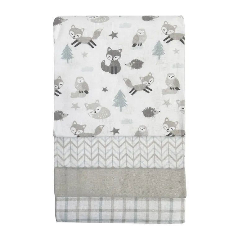 Koala Baby 4-pack flannel receiving blankets in grey woodland animal patterns neatly stacked.