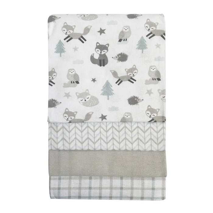 Koala Baby 4-pack flannel receiving blankets in grey woodland animal patterns neatly stacked.