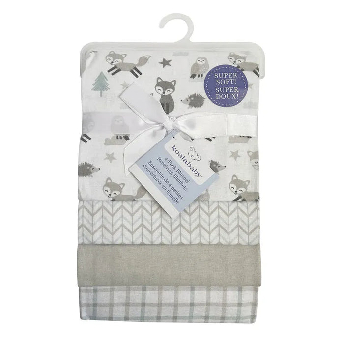 Koala Baby 4 Pack Flannel Receiving Blankets in assorted neutral animal and geometric prints, packaged with ribbon.