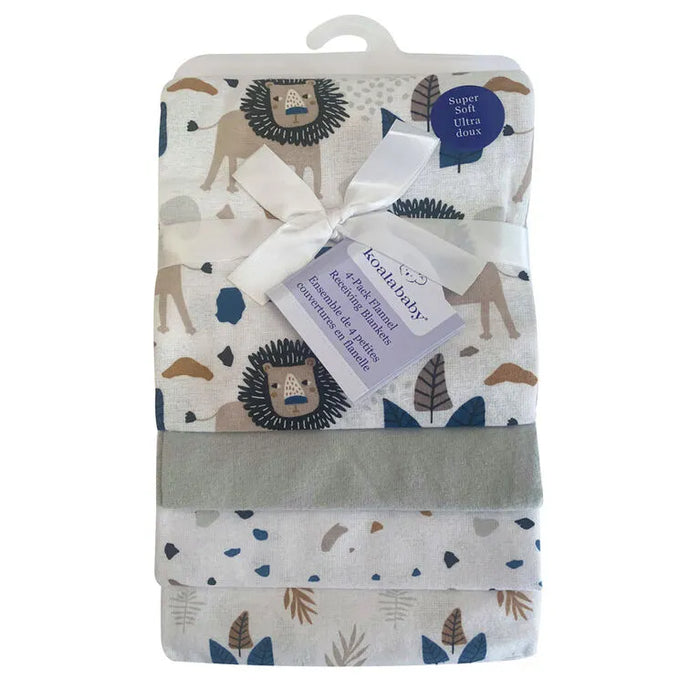 Koala Baby 4-pack flannel receiving blankets in lion safari prints, folded and tied with a ribbon.