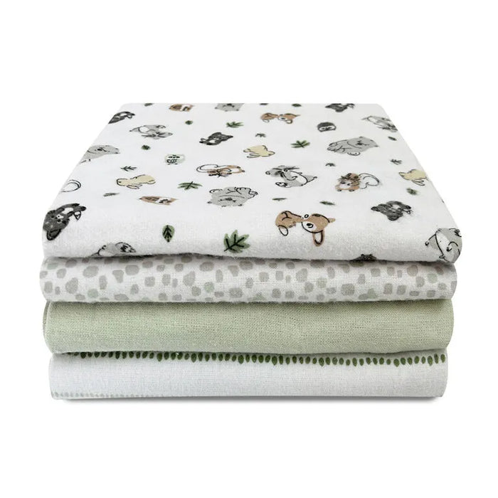 Koala Baby 4 Pack Flannel Receiving Blankets stacked neatly, featuring woodland animal prints.