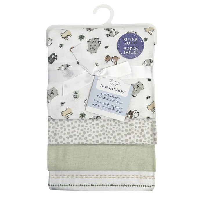 Koala Baby 4-Pack Flannel Receiving Blankets in woodland prints shown folded in retail packaging.