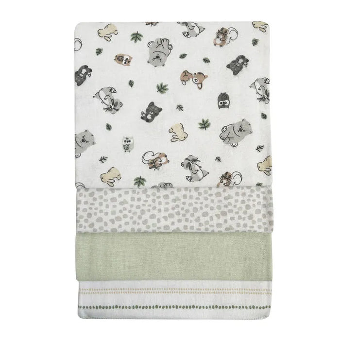 Koala Baby 4-Pack Flannel Receiving Blankets neatly stacked, featuring woodland animal and nature prints.