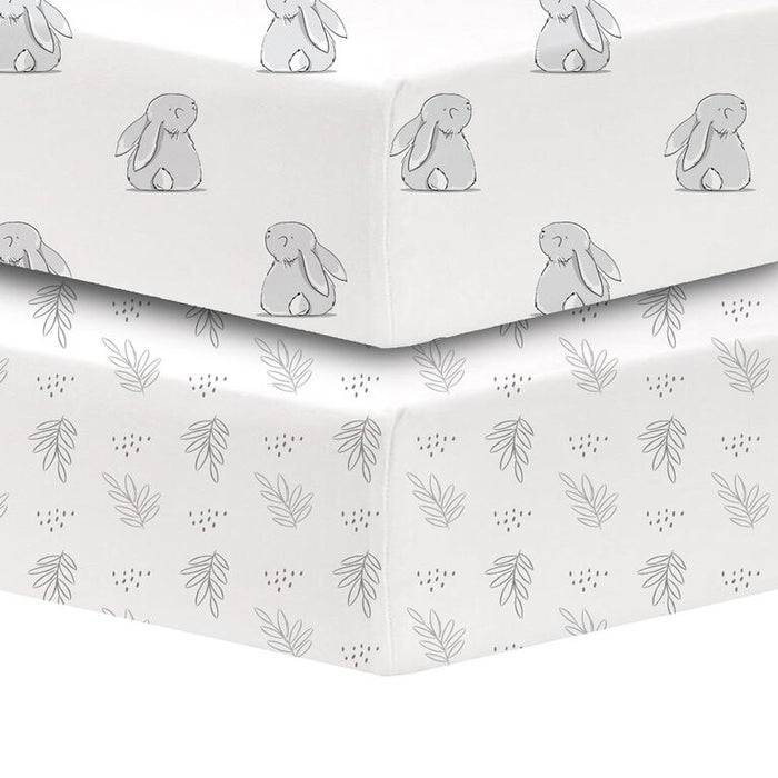 KoalaBaby 2-Pack Percale Sheets with grey bunny and leaf patterns stacked on a crib mattress.