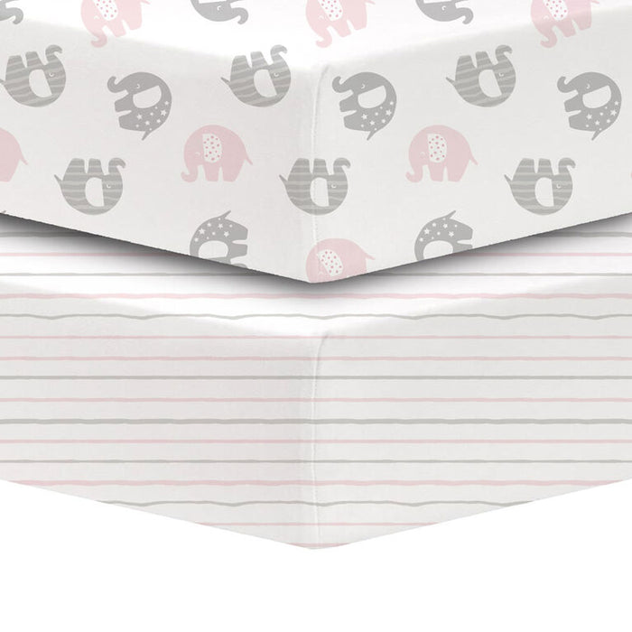 Koala Baby 2-pack percale crib sheets with grey elephant and striped designs shown stacked