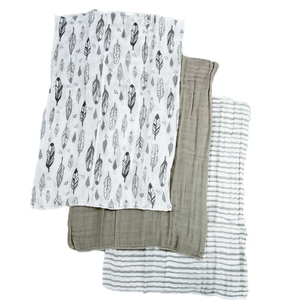 Koalababy Muslin Cotton Burp Clothes - 3 Pack - Grey Feathers