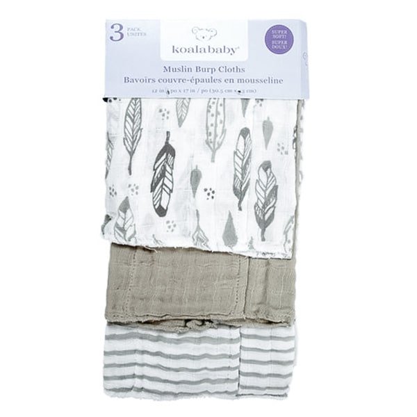 Koalababy Muslin Cotton Burp Clothes - 3 Pack - Grey Feathers