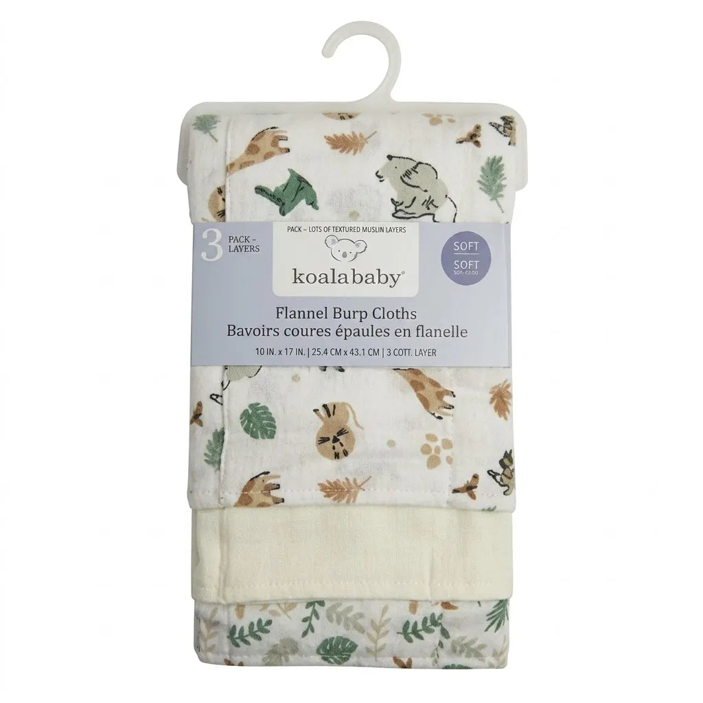 Koalababy flannel burp cloths 3-pack with safari animal and leaf print, shown hanging in packaging.