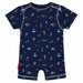 Kushies navy romper with short sleeves, road and vehicle pattern, laid flat on a white background.