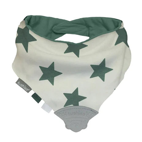 Baby bib with green stars and attached silicone teether, ideal for teething infants