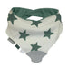 Baby bib with green stars and attached silicone teether, ideal for teething infants