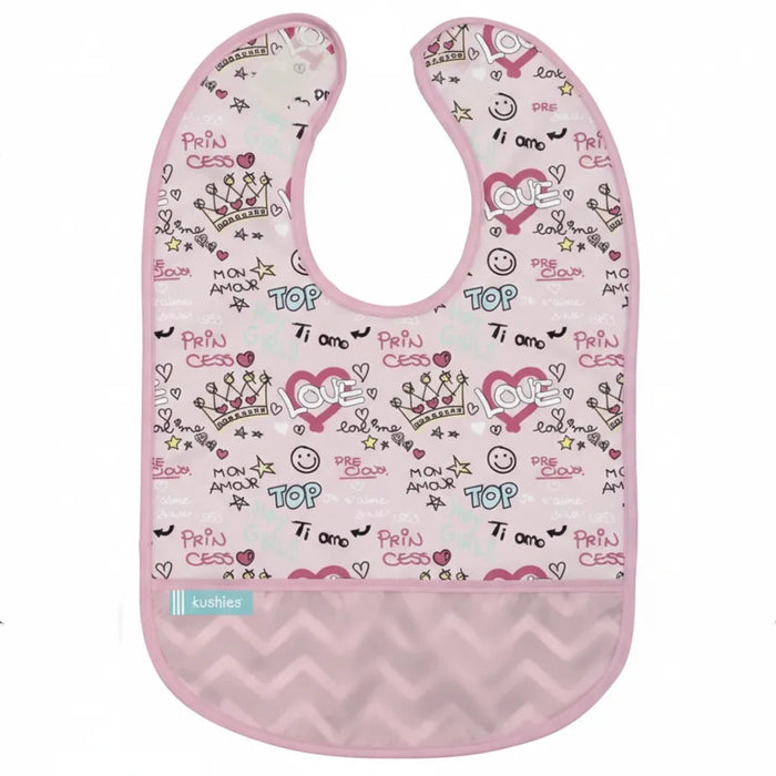 Pink baby bib with love and crown graffiti prints, sleeveless, soft fabric, front pocket