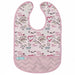 Pink baby bib with love and crown graffiti prints, sleeveless, soft fabric, front pocket