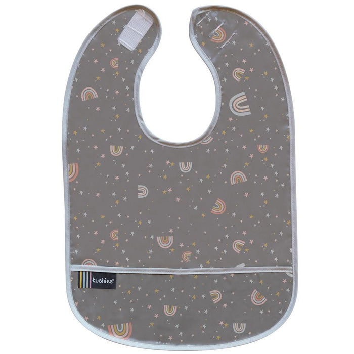Kushies Cleanbib waterproof baby bib in Charcoal Rainbow print