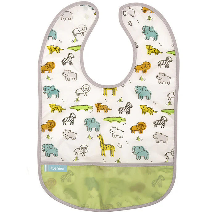 Baby bib with jungle animal print, front pocket, sleeveless, elephants, lions, giraffes