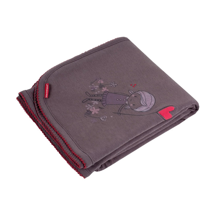 Kushies I Heart You Blanket folded neatly, showing a cute girl and heart print on soft grey fabric.