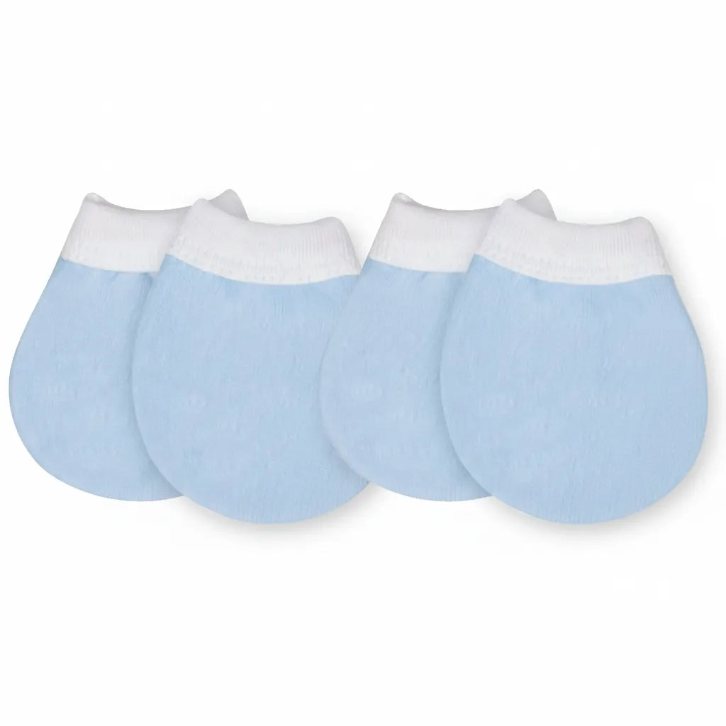 Set of blue organic cotton baby scratch mitts with white cuffs on white background