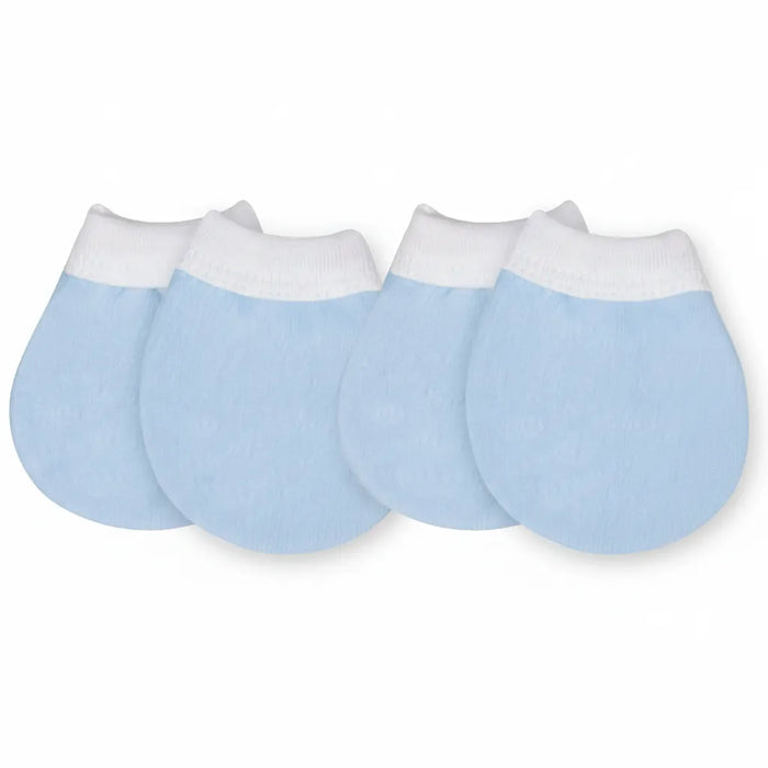 Set of blue organic cotton baby scratch mitts with white cuffs on white background