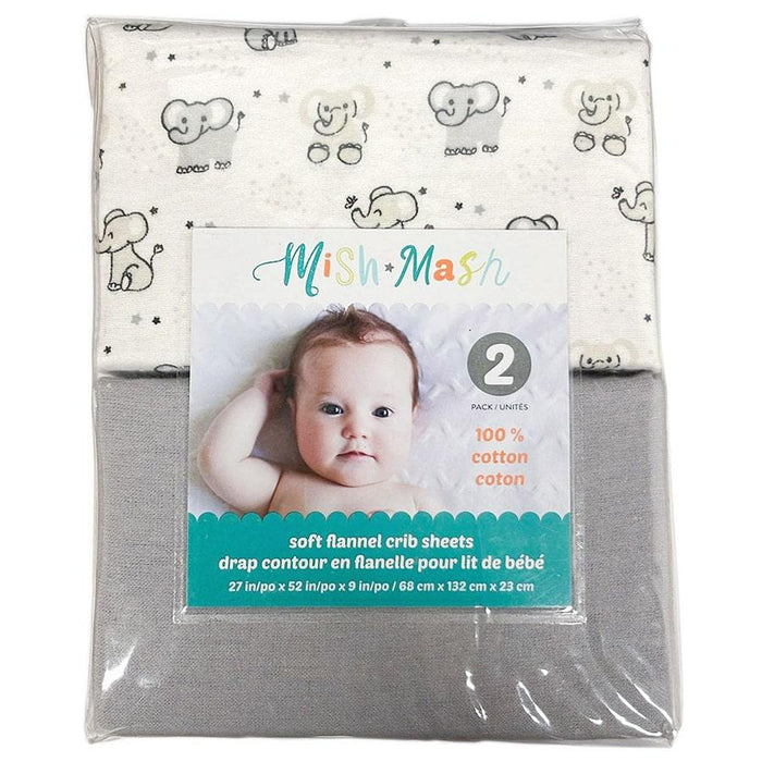 Kushies® - Mish Mash - Fitted Flannel Crib Sheets (2 Pack) - Grey Elephants