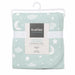 Kushies rock-a-bye baby blanket folded on a hanger, featuring a moon and stars pattern.