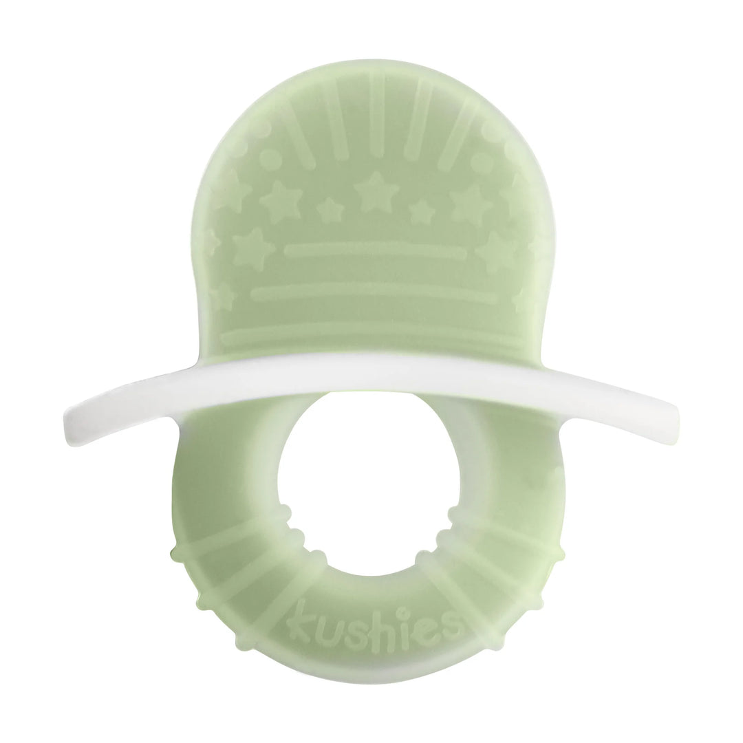 Mint green silicone baby teether with star pattern and central handle, isolated on white