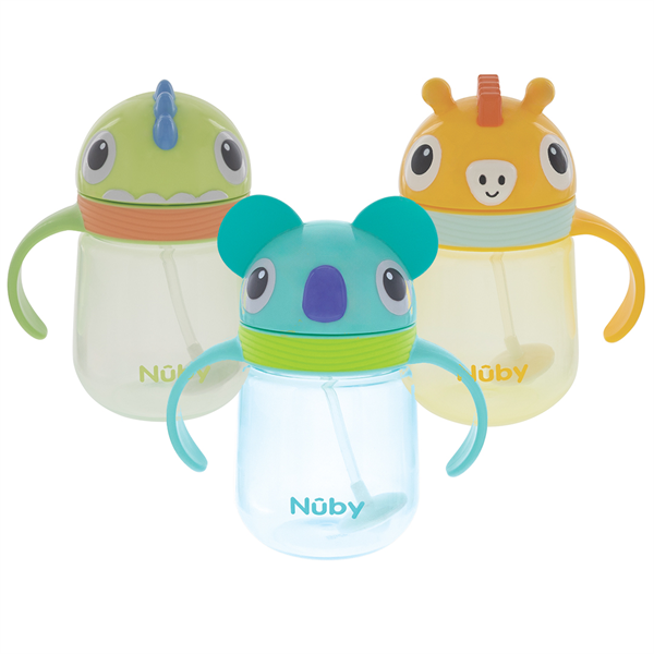 Three animal-themed Nuby sippy cups for babies and toddlers with handles and straws