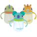 Three animal-themed Nuby sippy cups for babies and toddlers with handles and straws