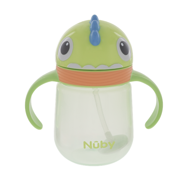 Green Nuby sippy cup with monster face, blue spikes, handles, and straw for babies