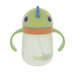 Green Nuby sippy cup with monster face, blue spikes, handles, and straw for babies