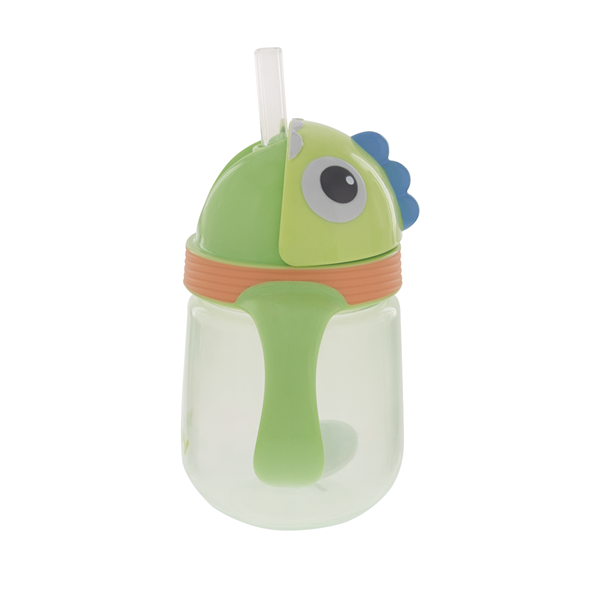 Green and orange toddler sippy cup with straw, fish design and handle