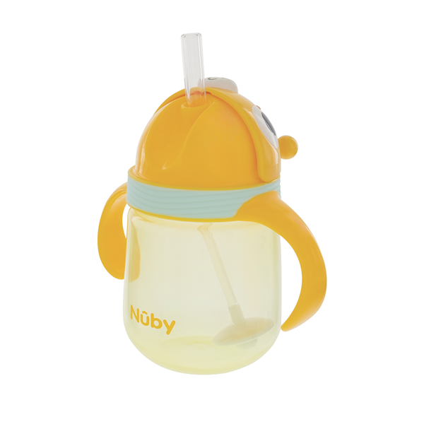 Yellow toddler sippy cup with handles and straw, cartoon animal face design