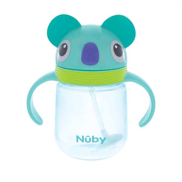Aqua blue toddler straw cup with animal face design and twin handles