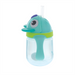 Aqua animal-shaped baby sippy cup with handles and straw, ideal for toddlers.
