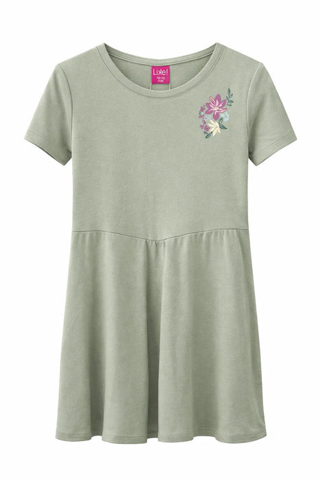 Like! Youth seafoam green short sleeve dress with floral embroidery on chest, displayed flat.