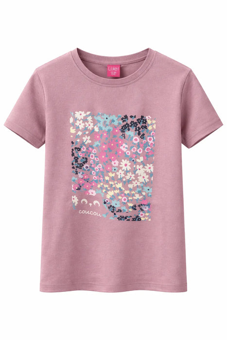 Like! Kids mauve t-shirt with colorful floral print and 'coucou' text, shown on white background.