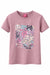 Like! Kids mauve t-shirt with colorful floral print and 'coucou' text, shown on white background.