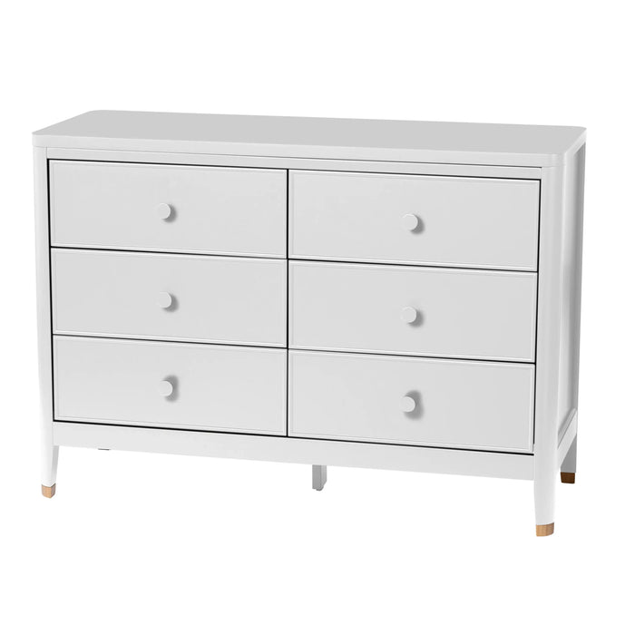 Little Seeds Aster dresser shown alone, white six-drawer chest with round knobs and clean lines.