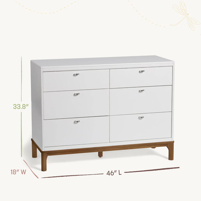 Little Seeds Laurel 6 Drawer Dresser in white with wood base, shown against a plain background with dimensions.