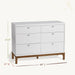 Little Seeds Laurel 6 Drawer Dresser in white with wood base, shown against a plain background with dimensions.