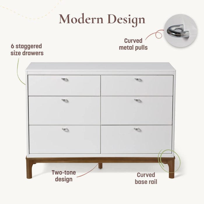 Little Seeds Laurel 6-drawer dresser with white finish and wood base, shown front view.
